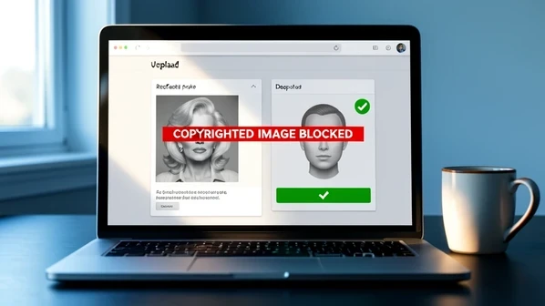A laptop screen showing a deepfake tool's upload panel rejecting a photo, with a red warning banner reading "COPYRIGHTED IMAGE BLOCKED" in bold white sans-serif text centered over a greyed-out celebrity-style portrait thumbnail. The cursor hovers over a second panel where an AI-generated face uploads successfully with a green checkmark. Set on a dark desk with a coffee mug at the edge. Soft cool daylight from a window on the left rakes across the screen bezel, leaving gentle reflections on the glass and a warm rim on the mug. Calm, instructional atmosphere.