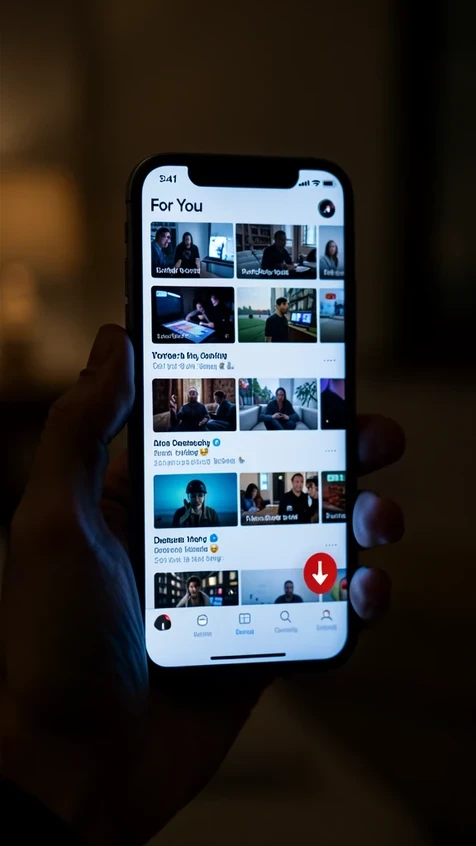 A smartphone held upright in a person's hand, its screen filling the frame with a vertical 'For You' style video feed of AI-generated clips stacked one above the next. The phone sits against a blurred dim room. A small red downward arrow overlays the corner of the screen to suggest endless scrolling. Cool blue-white light from the display falls across the fingers and thumb, throwing soft shadows, while the surrounding space stays in warm low shadow. The mood is intimate and slightly uneasy, like late-night doomscrolling.
