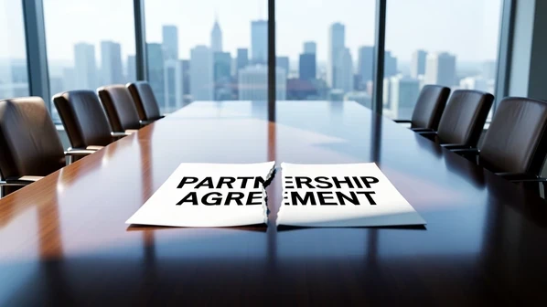 A polished corporate conference table photographed from one end, a single sheet of paper with the printed heading 'PARTNERSHIP AGREEMENT' in bold black capitals lying torn cleanly in two across its middle. Empty leather chairs flank the long table in a glass-walled boardroom, a city skyline blurred beyond the windows. Cool midday daylight rakes in from the left, glinting off the table's lacquered surface and casting a hard shadow from the torn page. The atmosphere is tense and abandoned, a deal abruptly dead.