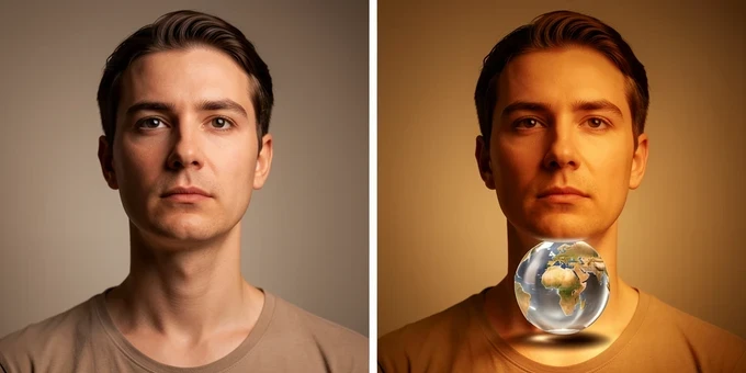 A two-panel before-and-after of the same surreal portrait, side by side. On the left, a glass globe floats slightly above a person's shoulders with no shadow, looking flatly pasted on. On the right, the identical globe now sits on the neck with a soft painted contact shadow underneath and warm color grading matching the body. Soft directional studio light falls from the upper left across both panels, warm and even, the right panel noticeably more grounded. Clean comparison atmosphere.