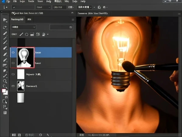 A Photoshop layers panel close-up showing an object layer with a black-and-white layer mask thumbnail beside it, the mask actively outlined, while the main canvas behind shows a glowing lightbulb being blended onto a person's neck in place of the head. The cursor hovers as a soft black brush over the mask. Cool monitor glow lights the interface from the front, crisp and even, with faint warm bulb light spilling onto the neck below. Focused, instructional atmosphere.