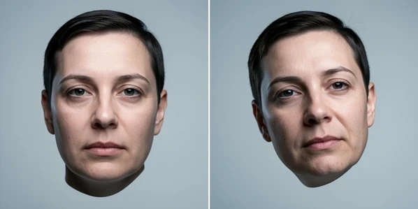 A side-by-side comparison of one face rendered two ways, the left panel a single rigid portrait at one frontal angle and the right panel the same person shown with subtle natural variation in expression and head tilt. Both portraits float on a clean neutral studio backdrop with a thin vertical divider between them. Soft diffused key light from the upper left wraps cool-neutral tones across each face, gentle shadow falling under the jaw. Calm, analytical mood.
