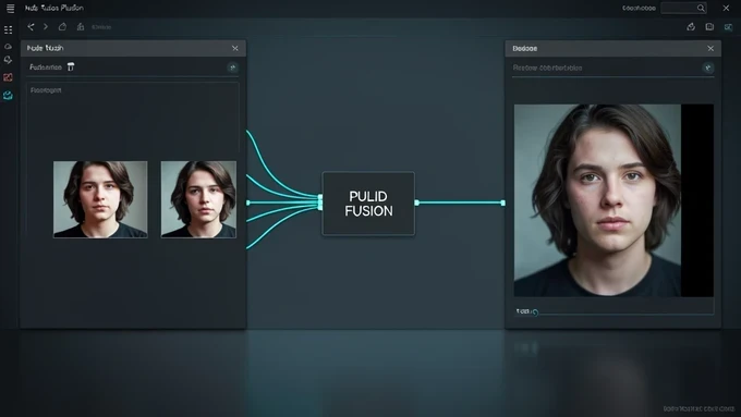 A horizontal node-graph workspace showing a face-fusion pipeline, three small cut-out portrait thumbnails of the same person on the left feeding wire connections into a central fusion node labeled "PULID FUSION" in white uppercase sans-serif, then a wire running right into a larger rendered portrait output. Dark slate interface panels with cyan connection wires curving between nodes. Even cool screen-glow lighting from the panels, faint reflections on a matte desk surface. Technical, focused atmosphere.