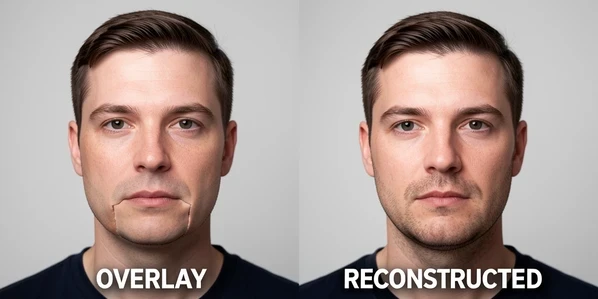 Two portraits of the same man placed side by side for direct comparison, left labeled "OVERLAY" in white block capitals showing a flat pasted face with a visible hard seam along the jaw and mismatched skin tone, right labeled "RECONSTRUCTED" showing the same swap blended smoothly with matched lighting. The pair sits on a plain neutral studio backdrop. Crisp editorial detail on both faces. Soft even frontal light from a large softbox, neutral cool-white temperature, falling flat across both faces so the seam on the left half reads clearly. Clinical, comparative atmosphere.
