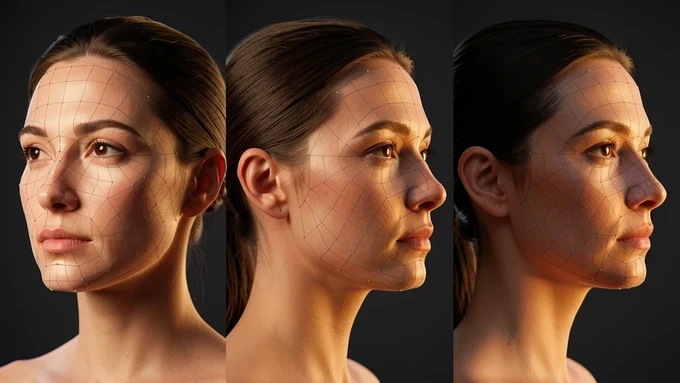 A single woman's head shown turning from frontal to three-quarter to full profile across three stages, a faint wireframe mesh of facial landmark dots and depth contours overlaid on the skin to show 3D reconstruction tracking the cheekbone and nose as the head rotates. Plain dark studio backdrop. Fine detail on the mesh lines and skin texture. Soft key light from the upper left, warm temperature, raking across the cheekbone to reveal the curved depth of the face. Technical, instructive atmosphere.