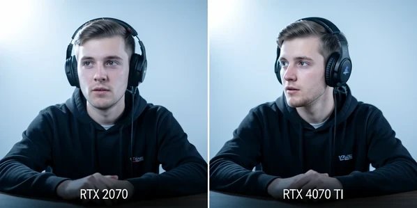 A split-frame comparison of one streamer's face swap rendered twice, left side labeled "RTX 2070" in small white uppercase sans-serif showing a slightly smeared, lagging swap with soft ghosting around the jaw, right side labeled "RTX 4070 Ti" showing a crisp, locked-on swap. The streamer sits at a desk turning their head mid-motion. Studio key light from upper left, soft and cool-white, falls across both faces evenly so the rendering difference reads clearly. Clean, focused, slightly clinical mood.