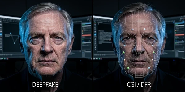 A split-screen comparison of two identical-looking de-aged actor faces, the left panel labeled in small white sans-serif text "DEEPFAKE" and the right panel labeled "CGI / DFR". The left face shows a faint neural-network grid overlay, the right shows wireframe geometry and rendering nodes. Set against a dark VFX studio backdrop with dual monitors. Cool blue rim light rakes across both faces from the side, soft key light fills the front, leaving shadow in the seam between panels. Clinical, analytical, documentary mood.