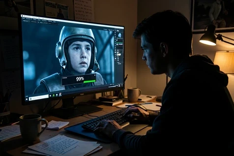 A single VFX artist at a home desk late at night, leaning toward a large monitor that shows a de-aged young Star Wars-style pilot face mid-render with a progress bar reading "99%". Cluttered bedroom studio with a graphics tablet, scattered notes, and a coffee mug. The monitor's cool blue glow is the only key light, washing the artist's face and hands from below, warm desk lamp spilling faint amber from the right edge. Quiet, focused, slightly underground atmosphere.