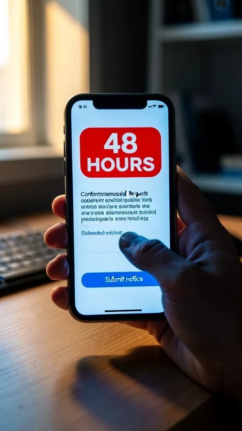 A smartphone held upright in a person's hand displaying a content-removal request screen, with a prominent badge reading "48 HOURS" in bold uppercase white text on a red rounded rectangle near the top of the screen. The thumb hovers over a "Submit notice" button. Set against a softly blurred home-office desk. Lighting comes from a cool screen glow on the face of the phone plus warm window light from the left, casting a soft shadow across the desk. Urgent yet controlled, documentary mood.