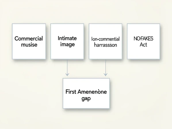 A clean flat-design legal infographic showing four labeled boxes arranged left to right, each linked by a thin arrow to a remedy box below it. The four harm labels read "Commercial misuse", "Intimate image", "Non-commercial harassment", and "Voice clone", paired with "Right of publicity", "TAKE IT DOWN Act", "First Amendment gap", and "NO FAKES Act". Set on a plain off-white studio backdrop with the panel lying flat. Soft even overhead lighting, cool neutral temperature, gentle shadows under each card edge. Calm, editorial, explanatory mood.