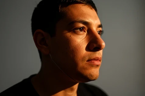 A close-up of a person's head turned to a sharp three-quarter-to-profile angle, the face-swapped region showing a visible seam and slight warping along the jawline and cheek where the algorithm loses anchor points. The subject sits against a plain neutral grey backdrop. Hard side lighting rakes in from the right at a low warm angle, exaggerating the texture mismatch and casting a defined shadow across the far cheek, the lit edge crisp and the shadowed side muddy. Candid, unretouched, diagnostic mood.