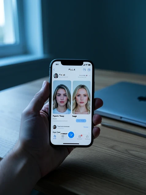 An iPhone held in one hand displaying the Picsi.Ai face-swap app mid-process, a source portrait and a target template visible side by side on screen with a swap preview rendering between them. The phone rests over a wooden desk with a closed laptop nearby. Soft cool daylight comes from a window to the left, falling across the screen and catching a faint glare on the glass, the room behind dropping into gentle shadow. Calm, focused, modern workspace mood.