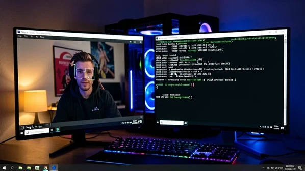 A Windows desktop showing the Deep-Live-Cam preview window side by side with a terminal mid-install, the preview displaying a streamer's swapped face tracking in real time while the terminal lists ONNX model downloads and a CUDA provider line. Setting is a dim home studio at night. Glowing RGB keyboard and a tower PC sit out of focus behind. Cool blue monitor light falls hard from the front onto the desk, with warm amber spill from a side lamp grazing the wall. Focused, technical late-night mood.