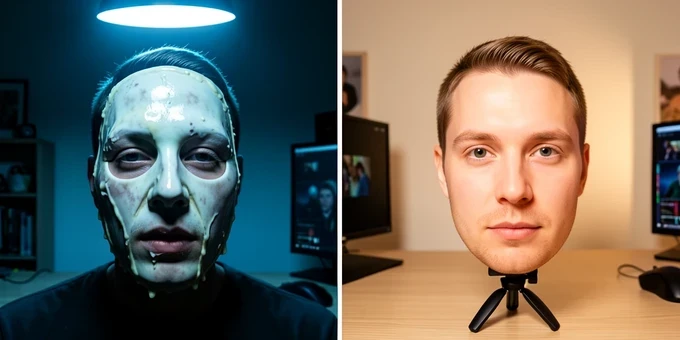 A two-panel before-and-after of the same streamer's swapped face, left panel showing a glitched melted mask with smeared edges and a washed-out face under dim uneven lighting, right panel showing the same face clean and sharp under bright even light fed from a phone clamped on a small tripod. Setting is a home streaming desk. Left side lit by a single harsh cool overhead casting hard shadows; right side bathed in soft warm balanced key light from the front filling every contour. Clear, instructional contrast.