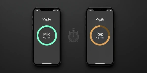 Two vertical phone screens side by side on a dark surface, each showing a Viggle processing timer. The left screen reads "Mix · ~2 min" with a nearly full progress ring in cool green; the right reads "Rap · ~5 min" with a half-filled ring in warm amber. A faint stopwatch icon sits between them. Crisp top-down studio lighting, soft and even, casts gentle shadows beneath each phone against the matte background. Clean, analytical, comparison-test atmosphere.