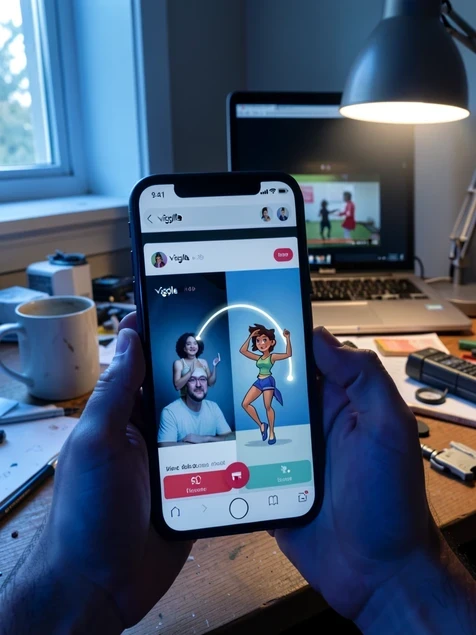 A smartphone held in one hand displaying the Viggle app, where a still portrait photo on the left morphs into an animated dancing character on the right, connected by a glowing motion-path arc. The phone rests above a cluttered desk with a coffee mug and a small reference video playing on a laptop behind it. Soft cool daylight from a window on the left rakes across the screen, casting a gentle blue glow on the user's fingers while warm desk-lamp light fills the shadows. Casual, curious workshop mood.