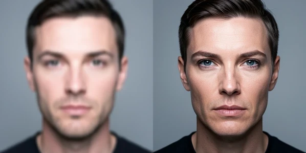 A split comparison of two celebrity headshots side by side, the left frame soft and pixelated with mushy facial edges, the right frame crisp and richly detailed showing sharp eyes and skin texture. Both faces look straight at the camera in a neutral studio setting against a plain grey backdrop. Soft, even frontal light from a large softbox falls cleanly across both faces, cool and diffuse, with the right image holding fine detail the left one loses. Clear instructional mood.