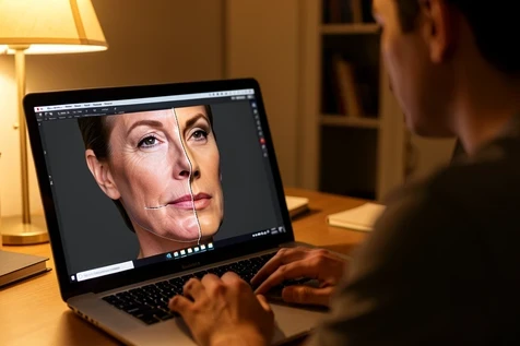 A close-up of a single face-swapped portrait shown mid-correction, the left half displaying an obviously pasted celebrity face tilted at a wrong angle with a hard visible seam along the jaw, the right half showing the same face cleanly blended and aligned. A person sits at a desk in a home setting reviewing the result on a laptop screen. Warm, soft lamp light falls from the upper left, cozy and slightly golden, glinting off the screen. Focused, problem-solving atmosphere.