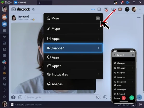 A Discord image message with the cursor hovering its top-right corner, opening a small dark context menu where a three-dot More icon expands into an Apps submenu and the highlighted row reads "INSwapper". Set inside the Discord desktop interface with a generated portrait visible behind the menu. Show crisp white menu labels on near-black panels, a faint blue hover highlight on the INSwapper row, and a small inset phone screen in the corner showing a long-press version of the same menu. Light comes from the screen itself, cool and even, with soft glow around the highlighted row. Clean instructional screenshot mood.