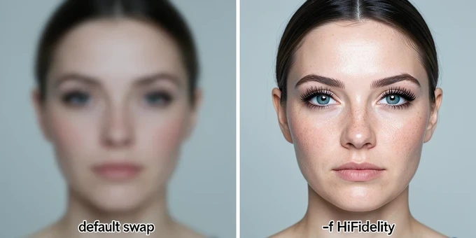 Two versions of the same Midjourney portrait of a woman placed side by side, the left labeled "default swap" looking soft and slightly smeared around the eyes, the right labeled "-f HiFidelity" showing sharper eyes, defined lashes, and crisp skin pores. Framed as a clean before-and-after comparison on a neutral studio backdrop. Render the left side with a faint blur and muted contrast, the right side with bright catchlights in the eyes and fine texture across the cheeks. Soft frontal key light, slightly cool and even, falling straight onto both faces so the sharpness difference reads clearly. Honest, technical comparison mood.