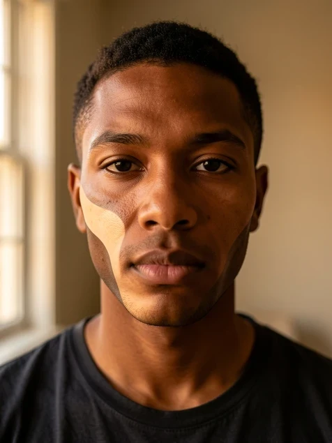 A single portrait of a person with deeper skin tone undergoing an AI face swap, the result visibly distorted to show training-data bias. The subject faces the camera directly, yet the swapped face shows a clear skin-tone mismatch along the jaw and a banded discoloration across the cheek where the model misjudged the shading. Setting is a simple indoor room with a soft out-of-focus background. Lighting is warm and frontal from a window to the left, falling gently on the face, which makes the mismatched patch on the swapped region stand out against the naturally lit neck and shoulders. The mood is documentary and unembellished.
