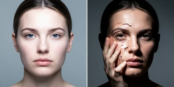 Two portraits of the same face swap shown side by side, the left version clean and the right version visibly broken. Left frame shows a frontal face under soft even studio light, edges crisp around the eyes and mouth. Right frame shows the same subject mid head-turn at a steep angle, the swapped face smeared and warped along the cheek where a hand partly covers it. Setting is a plain neutral-gray studio backdrop. Lighting on the left is soft, frontal, and cool-white, falling evenly across the skin; lighting on the right is harsh and side-cast, throwing a hard shadow that the swap fails to match. The contrast reads as a controlled before-and-after comparison.