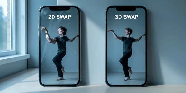 Two phone screens side by side showing the same dancer mid-spin, the left labeled "2D SWAP" in white uppercase sans-serif with a visibly warped stretched arm and a smeared face edge, the right labeled "3D SWAP" with clean intact limbs and a believable head, both set on a plain studio desk. Soft cool daylight from a window on the left rakes across the screens, catching fingerprints on the glass and casting a gentle shadow to the right. Calm, instructional mood that makes the warped limb obvious at a glance.