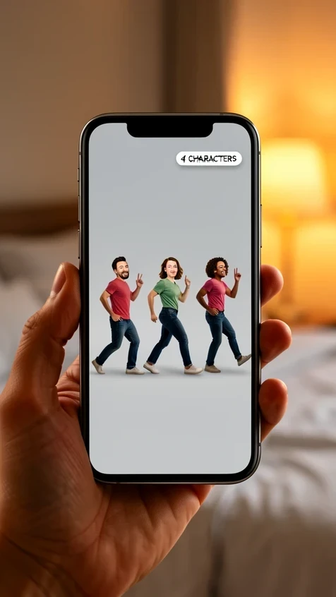 A vertical phone screen showing four dancers in a line formation mid-step, each with a different swapped face tracked cleanly onto their moving body, a small "4 CHARACTERS" tag in white lowercase pill-shaped label floating in the top corner of the interface. The phone is held in one hand against a blurred bedroom background. Warm late-afternoon light from a side lamp glows on the person's hand and the phone edge, leaving soft shadows behind. Playful, social, shareable mood.