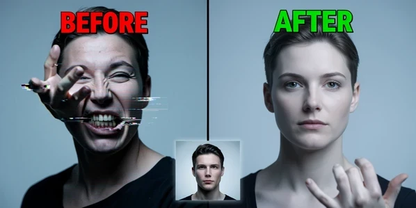 A close split-frame of a single dancing figure, the left half labeled "BEFORE" in red uppercase showing a glitchy doubled hand and a flickering distorted jaw, the right half labeled "AFTER" in green uppercase showing a clean steady face and one solid hand. Beneath sits a small front-lit headshot photo used as the corrected source. Crisp neutral overhead light, slightly cool, falling evenly so the artifacts on the left read clearly against the clean right. Diagnostic, fix-it mood.
