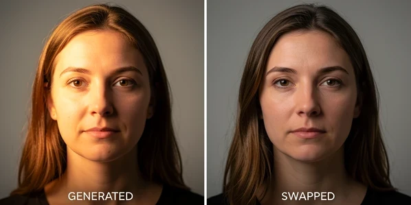 A side-by-side comparison of two head-and-shoulders portraits of a woman in soft studio light, the left frame captioned "GENERATED" showing the original AI face, the right frame captioned "SWAPPED" showing a different reference identity blended onto the same pose and lighting. A thin vertical divider separates them, captions set in small uppercase white sans-serif at the lower corners. Warm key light from the upper left wraps both faces evenly, gentle falloff into a neutral grey backdrop, honest documentary atmosphere.
