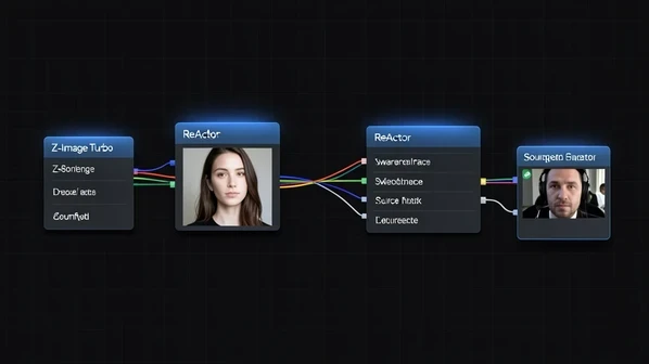 A ComfyUI node graph on a dark canvas showing two linked clusters, the left labelled "Z-Image Turbo" feeding a rendered portrait into a right-side node labelled "ReActor" that outputs a swapped face. Thin colored noodles connect the nodes left to right, with a small reference-photo thumbnail wired into the ReActor source input. Cool blue interface glow lights the panels from above, soft and even, with crisp white node titles and faint grid lines receding into shadow. Clean technical diagram atmosphere.