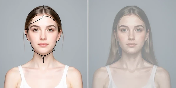 A split diagram contrasting two head-swap methods on the same portrait of a young woman. On the left panel a labeled head outline lifts cleanly off a body and drops onto a second body, arrows tracing the hairline, jaw, and neck moving as one piece. On the right panel the entire scene re-renders as a soft paint-over, faint ghost edges showing the body and background shifting. Even studio lighting from the front, cool neutral gray backdrop, crisp vector linework over flat photographic fills, calm explanatory mood.