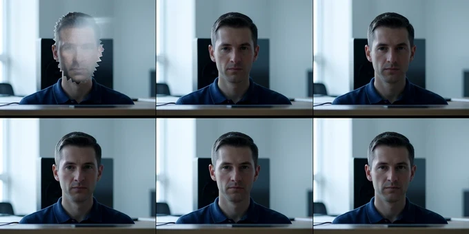A horizontal filmstrip of six sequential video frames showing the same man's head swapped onto a speaker at a desk. The top row labeled with jagged misaligned head edges and a faint double-image ghost on each frame, suggesting flicker. The bottom row shows the identical head locked in place across all frames with smooth blended neck seams. Soft diffused key light from camera left, neutral office background slightly blurred, cool daylight temperature, documentary realism with a clear before-and-after contrast.
