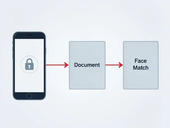 A clean flowchart diagram showing a smartphone selfie capture feeding into three sequential gates labeled "Document", "Liveness", and "Face Match", with a thin red arrow slipping past the gate drawn with the smallest lock icon. The phone sits at the left, gates run left to right, arrows connect each stage. Soft even studio lighting from above, cool neutral blue-grey tones, crisp flat vector style on a pale background. The mood is calm and explanatory, like a security briefing slide.