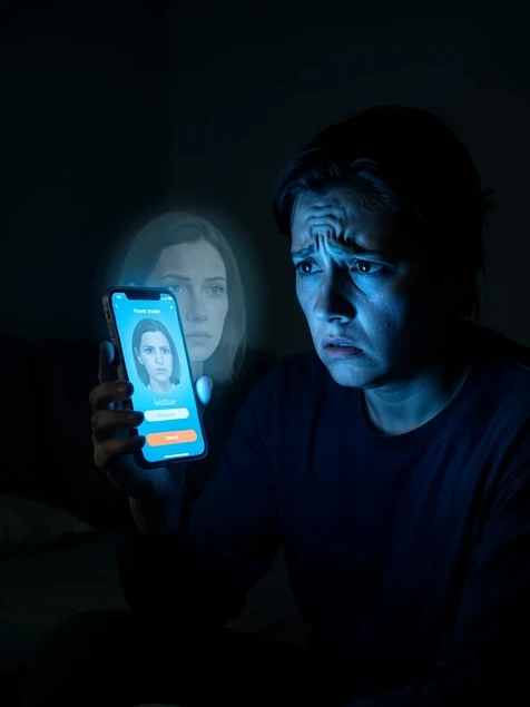 A worried person sits in a dim apartment at night holding a smartphone that shows a face-scan verification screen, their real face lit cool blue by the phone while a faint translucent second face hovers as a ghosted overlay on the screen. The person fills the right side, phone held up at chest height. Single hard light source from the phone below, cool blue cast, deep shadows behind. Tense, uneasy, cinematic mood.