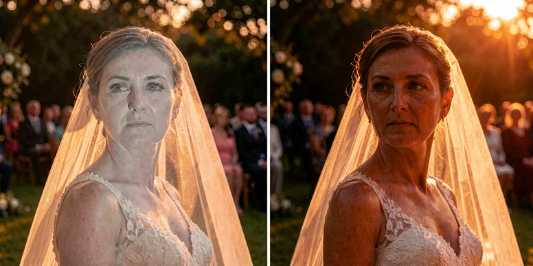 A before-and-after pair of an outdoor garden wedding ceremony photo of the bride at the altar. On the left version, a face composited in from a flash-lit indoor donor appears washed out and flat against the warm golden-hour scene. On the right version, the same swap using a shaded outdoor donor photo sits naturally with directional shadow under the brow and warm skin tones matching the ceremony light. Lighting: low golden sun from camera-right, warm orange-amber cast, soft rim light on the veil. Mood: documentary wedding photography, editorial comparison.