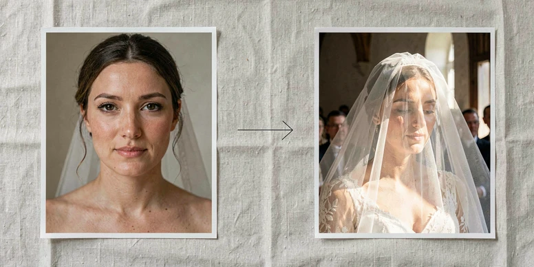 Two wedding photos laid flat on a pale linen surface for comparison. On the left, a tight frontal getting-ready portrait of a bride with no veil, soft window light falling evenly across her face from camera-left, warm natural skin tones. On the right, a ceremony shot of the same bride under a cathedral veil, partial afternoon sun from above. A thin pencil arrow drawn between them. Lighting: diffused daylight from a single window, soft shadows, neutral white balance. Mood: editorial, calm, documentary.