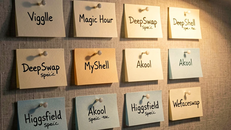 A wall of neatly pinned index cards on a muted linen pinboard, each card bearing one tool name and a short handwritten spec line. Cards alternate warm off-white and pale-blue paper, casting soft realistic shadows. Warm directional lamp light enters from the upper right, medium-soft quality, slight golden temperature. The cards read 'Viggle', 'Magic Hour', 'DeepSwap', 'MyShell', 'Akool', 'Higgsfield', 'Wefaceswap' in black handwritten marker, uppercase. A single push pin holds each card. Style: Editorial tactile still life. Mood: Deliberate, organized.