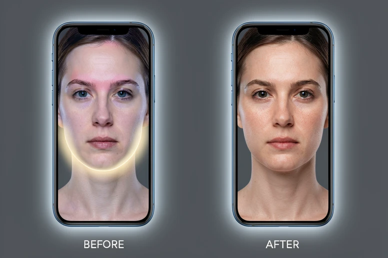 Two vertical phone-screen still frames side by side on a neutral dark-gray backdrop. Left frame shows a face-swapped portrait with a subtle halo along the jawline and a slight color mismatch at the forehead, labeled 'BEFORE' in small white uppercase sans-serif at the bottom. Right frame shows the same subject cleanly blended with matching skin tone, labeled 'AFTER' in the same style. Soft rim lighting outlines both phones from behind, cool neutral temperature, crisp minimal studio setup. Style: Product comparison photography. Mood: Analytical, before-after clarity.