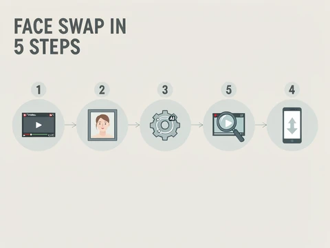 A clean horizontal infographic showing five numbered circular icons connected by thin arrows across a pale neutral background. Icons depict: a video template thumbnail, a selfie portrait frame, a spinning AI processing gear, a magnifying glass over a video frame, and a vertical phone with an upload arrow. Soft even studio lighting, no shadows, cool neutral tones. The label 'FACE SWAP IN 5 STEPS' sits in bold uppercase dark-gray sans-serif at the top-left. Style: Minimalist flat editorial illustration. Mood: Clear instructional.