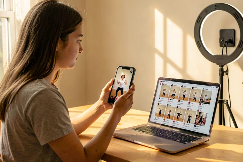 A young content creator sits at a bright wooden desk holding a phone that displays a vertical face-swapped dance clip in preview. Beside her an open laptop shows a grid of TikTok-style video templates. Soft diffused window light falls from the left, warm afternoon temperature, gentle shadows on the wall behind a ring light stand. Relaxed focused mood, casual home studio. Style: Natural documentary photography. Mood: Calm productive energy.