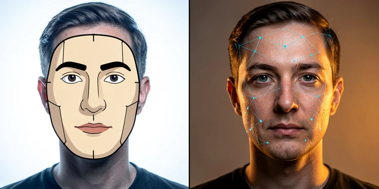 A horizontal split composition comparing two face-editing methods on the same portrait. On the left half, a flat cartoon face mask sits awkwardly over a person's features with visible rectangular edges. On the right half, the same portrait shows a seamlessly swapped face with matching skin tone and lighting, overlaid with faint blue neural network node lines. Lighting is clean studio softbox from above, cool white on the left side and warm tungsten on the right. Atmosphere is technical and editorial. Style: infographic. Mood: analytical.