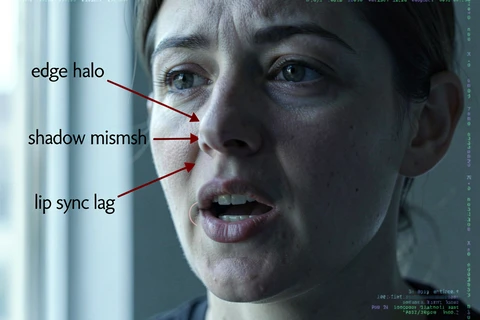 A close-up portrait of a person mid-speech with thin red annotation arrows pointing to three specific artifact zones on the face. One arrow labeled "edge halo" points at a faint blurry ring along the jawline, another labeled "shadow mismatch" points at the nose bridge where shadow direction contradicts the window light, a third labeled "lip sync lag" points at a slightly open mouth. The portrait is lit by directional window light from the left, soft and cool. Small data-style typography overlay. Style: forensic diagram. Mood: investigative.