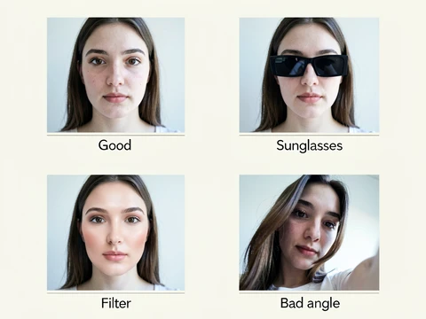 A grid of four small portrait examples laid out on a plain off-white background with a thin label strip under each. Top-left: a young woman facing the camera directly in soft natural light, unfiltered skin, face filling the frame, labeled "Good." Top-right: the same woman wearing rectangular black sunglasses, labeled "Sunglasses." Bottom-left: a heavily beauty-filtered version with smoothed skin and altered tone, labeled "Filter." Bottom-right: a steep 45-degree angled selfie shot from below, labeled "Bad angle." Soft diffused daylight across all four frames, cool white balance. Style: tidy instructional photography. Mood: clear, informative.