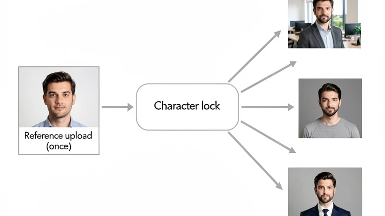 A clean horizontal workflow diagram on a white background. On the left, a single photorealistic headshot of a person inside a labeled box reading "Reference upload (once)." An arrow points right into a central rounded rectangle labeled "Character lock," rendered as a simple abstract node. From that node, five arrows fan out to five small output thumbnails on the right, each showing the same person's face in different contexts: office portrait, outdoor portrait, studio headshot, casual setting, formal attire. The face in all five outputs is visibly identical. Soft even studio lighting, neutral color palette, thin sans-serif labels. Style: minimalist technical illustration. Mood: precise, reassuring.