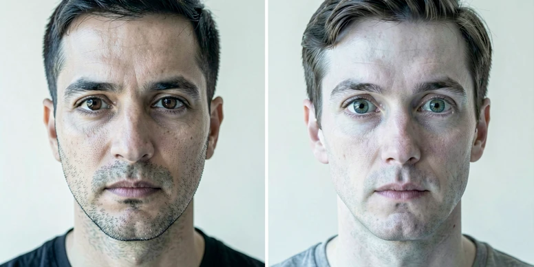 A clean side-by-side composition showing two portrait photos on a neutral off-white studio background. On the left, a real reference selfie of a man in his early thirties with short dark hair, light stubble, and dark brown eyes, shot straight-on with soft even daylight from a large window. On the right, an AI-generated portrait of a different man with similar hair length but altered jawline, wider eyes, and lighter skin tone. A thin vertical divider separates them. Lighting is soft, cool-daylight, falling evenly on both faces. Style: editorial documentary photography. Mood: calm, clinical, slightly unsettling.