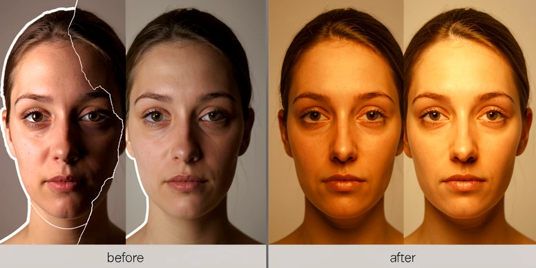 A side-by-side comparison of a four-panel face swap collage. The left half shows the broken version with each panel lit differently, faces at obviously different sizes, and a faint white outline tracing the boundary of one swapped face. The right half shows the corrected version with uniform warm lighting, faces at matching scale, and clean blended edges, separated from the left half by a thin vertical gray divider with a small label reading "before" on the left and "after" on the right in lowercase sans-serif. Even soft studio light, neutral background, technical demonstration mood.
