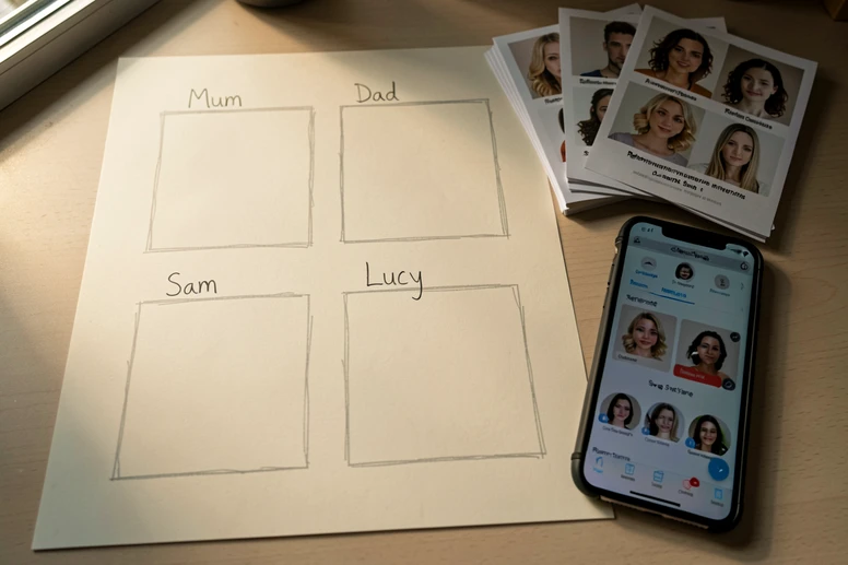 A flat-lay desk view of a printed planning sheet showing four empty panel boxes drawn in pencil with handwritten captions reading "Mum", "Dad", "Sam", "Lucy" in lowercase, sitting next to a stack of four printed reference portraits and a smartphone displaying a face swap web tool. Soft window light from the upper left falls across the paper at a low angle, casting gentle shadows from the pencil and warming the paper to a cream tone, with the phone screen glowing slightly cooler. Calm, focused craft-room atmosphere.