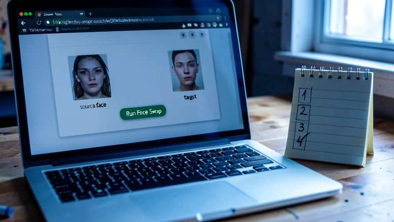 A laptop screen close-up showing a browser window with a face swap interface, a source portrait thumbnail on the left labeled "source face", a target portrait thumbnail on the right labeled "target", and a green button reading "Run Face Swap" centered between them. Beside the laptop sits a small numbered checklist on a notepad showing handwritten panel numbers "1, 2, 3, 4" with the first three already ticked. Cool soft daylight from a window on the right falls across the keyboard, the screen glow adds a gentle blue cast, and the wood desk surface stays warm by contrast. Quiet workshop mood.
