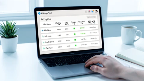 A clean editorial dashboard mockup on a laptop screen showing a five-row pricing comparison table for an AI image tool, with columns for plan name, monthly cost, daily image quota, resolution cap, and watermark status. Setting is a minimalist white desk with a small potted plant and an open notebook. Details include a hand resting on a trackpad and a coffee mug in the background slightly out of focus. Lighting is even daylight from a north-facing window, soft and cool, with a faint highlight along the laptop bezel. Atmosphere is calm and analytical, photographed straight-on at desk height in a clean product-review aesthetic.